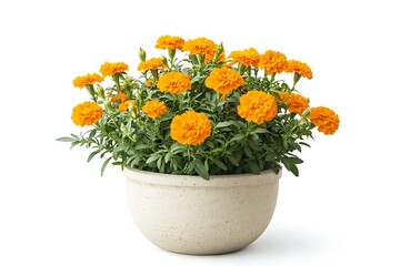orange marigold plant in a round pot isolated on white background