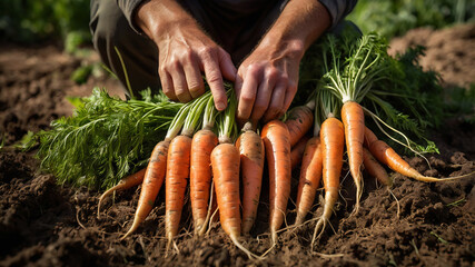 Harvested carrots in farmer’s hands, with vibrant orange roots and a blurred green field, showcasing the beauty and authenticity of freshly picked produce