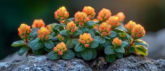 A vibrant cluster of orange and yellow blossoms surrounded by green leaves, basking in warm sunlight, creating a serene and inviting atmosphere.