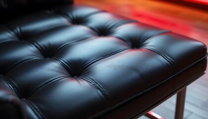 Fototapeta premium Close-up of a luxurious black leather tufted chair seat.