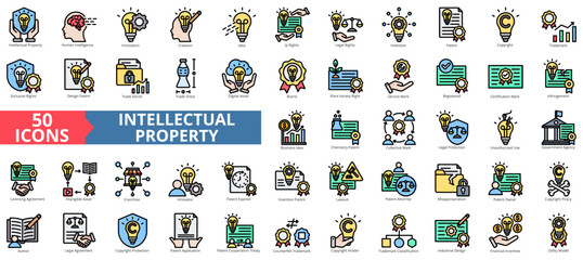 Intellectual property icon collection set. Containing human intelligence, innovation, creation, idea, ip, legal, invention icon. Simple flat outline vector illustration