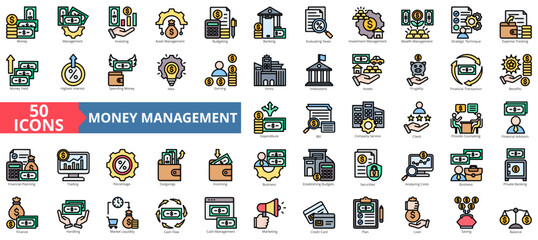 Money management icon collection set. Containing investing, asset, budgeting, banking, evaluating taxes, investment, wealth icon. Simple flat outline vector illustration