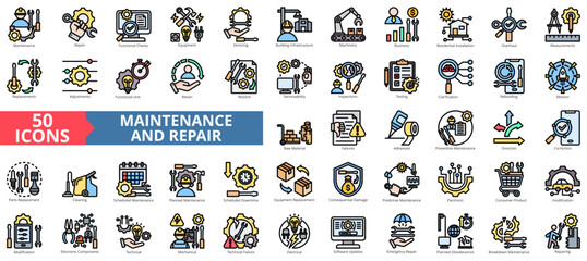 Fototapeta premium Maintenance and repair icon collection set. Containing functional checks, equipment, servicing, building infrastructure, machinery, business, residential installation icon. Simple flat outline vector