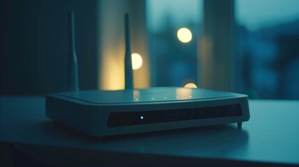 Modern router device with blinking LED lights on clean desk, symbolizing network security and connectivity, with copy space for text or design elements.	