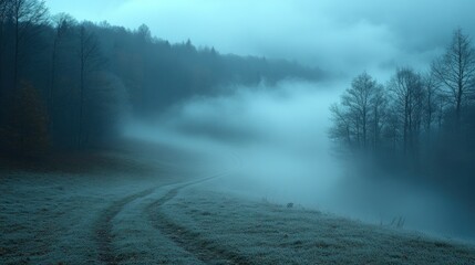 A misty landscape with a winding path through frosty grass and trees in a tranquil atmosphere.