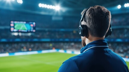 Focused Male Coach Observing Soccer Match with Headphones in Stadium Full of Eager Fans