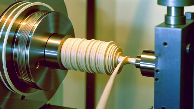 Closeup of a highprecision lathe turning a rod of polymer into a jacketing material for a catheter showcasing the careful handling of sensitive materials.