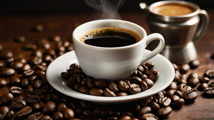 Obraz premium Coffee cup on wooden table surrounded by scattered coffee beans, showcasing a rustic ambiance with rich tones and warm lighting, ideal for coffee shop theme