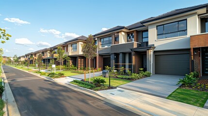Row of Modern Two-Story Townhouses on a Sunny Day