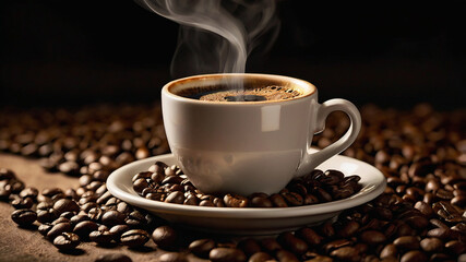 A cup of coffee on a textured wooden table with abundant coffee beans around, creating a warm and inviting atmosphere