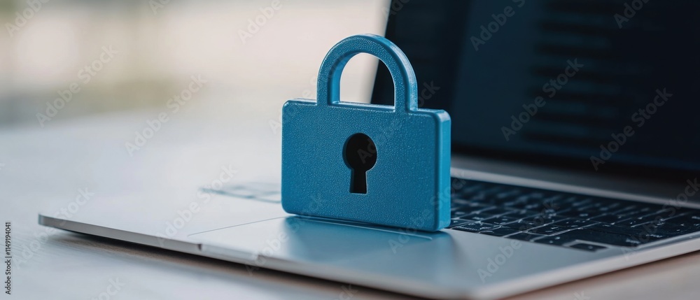 Poster blue padlock symbolizing online security and data protection on laptop keyboard in modern workspace