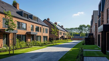 Naklejka premium Modern Brick Townhouses on a Landscaped Street