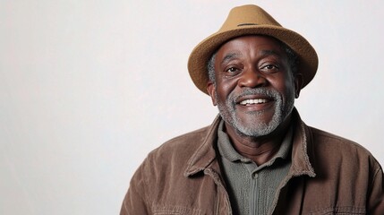 Cheerful Elderly Man with Hat Smiling Against Neutral Background