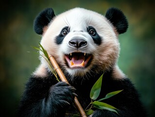Obraz premium Happy panda eating bamboo. AI.