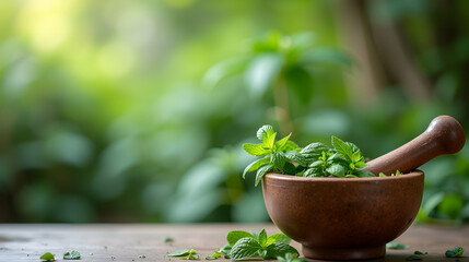 Fresh mint leaves in a rustic mortar, ready for use.  A tranquil scene evokes natural healing and serenity.