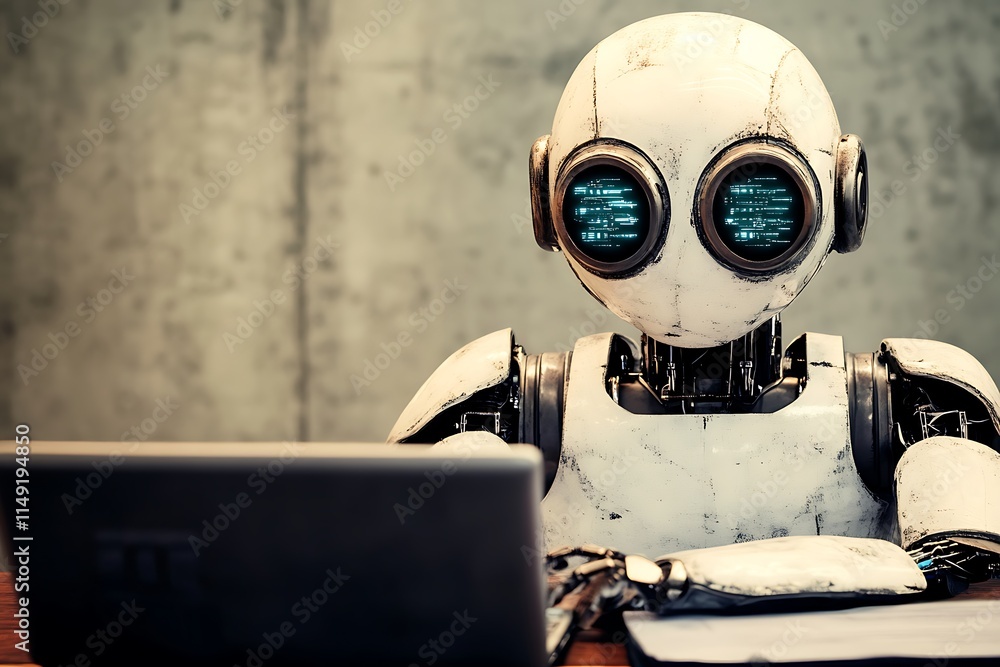 Poster robot using laptop. artificial intelligence, technology, future concept.
