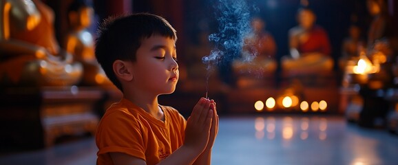 Child in prayerful pose in temple.