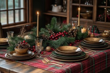 Festive dining room setup for Christmas. Rustic table with red, green plaid tablecloth. Gold plates, silverware. Pine centerpiece with cranberries, candles. Festive, elegant Christmas decor. Warm,