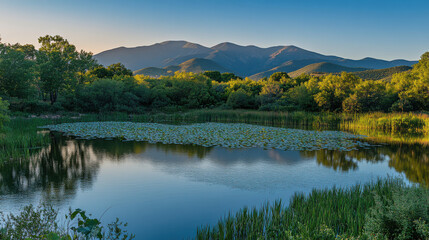 Fototapeta premium A high-resolution photograph of a serene mountain lake, surrounded by lush evergreen forests, the water reflecting the clear blue sky and peaks in the background, taken during golden hour for warm lig