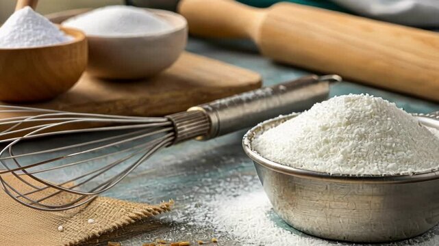 Measurement S A closeup of a measuring s filled with erythritol set against a backdrop of baking utensils capturing the granulated texture and ease of use.