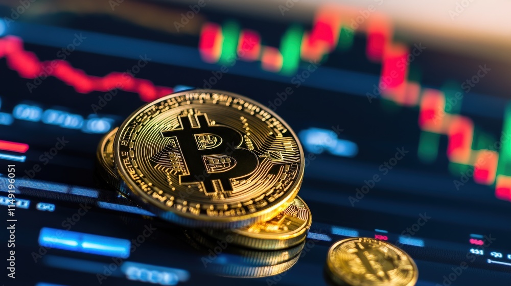 Poster bitcoin cryptocurrency coin stacked on digital trading chart with candlestick graphs showing market 