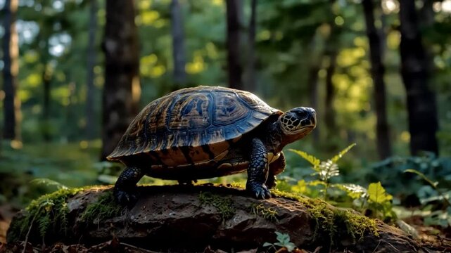 A Cute Forest Turtle (or tortoise) Standing on a Rock in a Wild Forest. 01 (4).