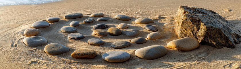 Spiral stones create calming pattern on sandy beach