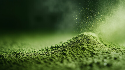 A photo with a black background and a luxurious atmosphere showing only green tea powder