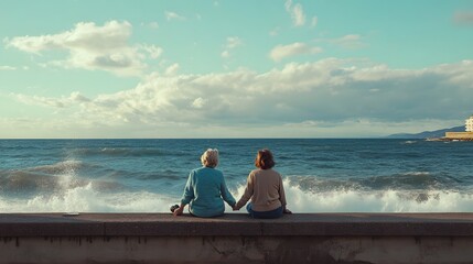 Two women sit by the ocean holding hands