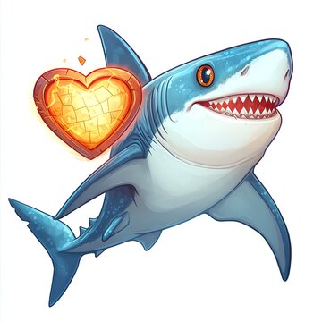 A cartoon shark with a heart graphic, representing love and ocean themes.