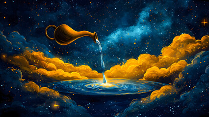 Hand-drawn Aquarius illustration featuring the Water Bearer pouring water into the cosmos.