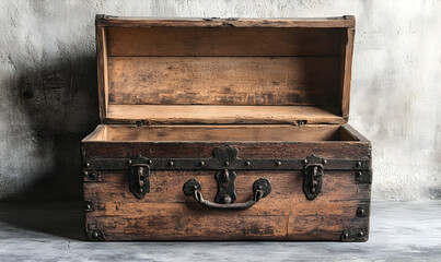 An open wooden chest with metal accents, showcasing its interior and craftsmanship.