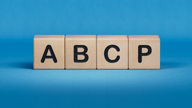 Word abcp on wooden cubes with copy space.close up of wooden elements,Business Concept.3D rendering on blue background.