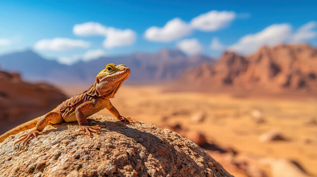 desert landscape with lizard basking on rock under blue sky