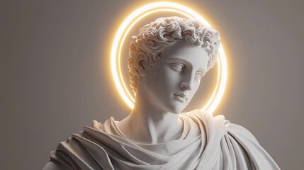 3d rendering of marble Statue in front of neon circle background.