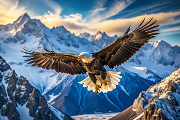 Obraz premium Majestic Eagle Soaring Above Snow-Capped Peaks: Symbol of Freedom