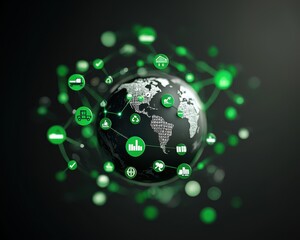 remote sensing environment technology Concept. Digital globe with green technology icons representing global connectivity and sustainability.