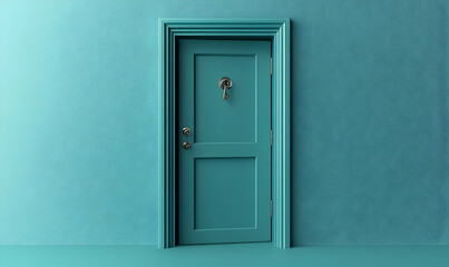 A teal door set against a matching wall, creating a minimalist and modern aesthetic.