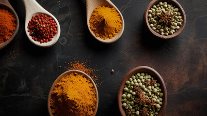 Collection of mixed spices on a dark backdrop, emphasizing their bold colors and intricate textures