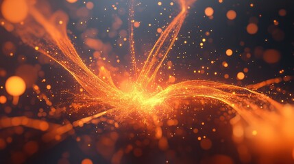 Abstract orange energy burst with glowing particles.