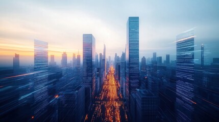 Futuristic cityscape at dawn. Skyscrapers line city avenue. Digital interface overlays buildings. Traffic flows at night. Advanced tech, urban design. Dynamic glow. Networked urban life. Modern