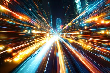 Fast paced city street at night. Concept of speed, urban life, and technology.