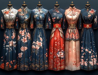 Group of Dresses on Mannequins.
