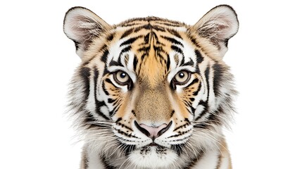 Fototapeta premium Close-up portrait of a tiger's face against a white background.