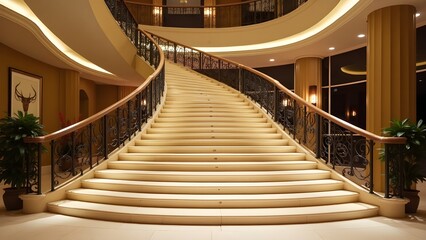 Obraz premium An elegant staircase in a hotel lobby with artistic railings and soft lighting