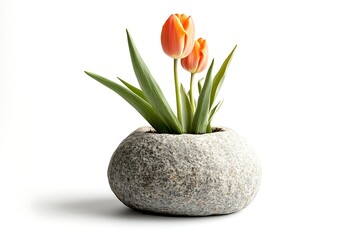 Obraz premium bright orange tulip plant in a round stone pot isolated on white background