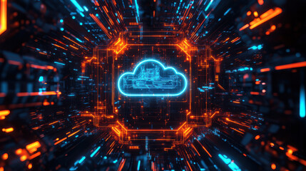 A realistic image of a neon-illuminated cloud symbol surrounded by complex circuits and holographic displays, with futuristic blue and orange lighting effects, high contrast, highly detailed component
