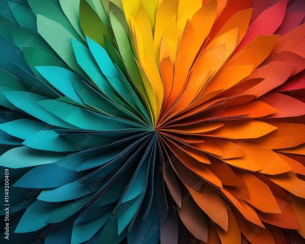 Poster a vibrant display of layered paper petals radiating in a spectrum of colors, creating a stunning vis