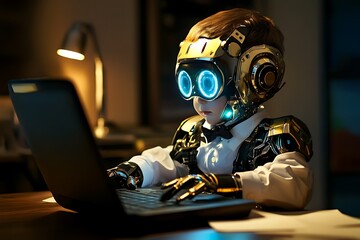 Child Robot Working on Laptop. Future Technology Concept.