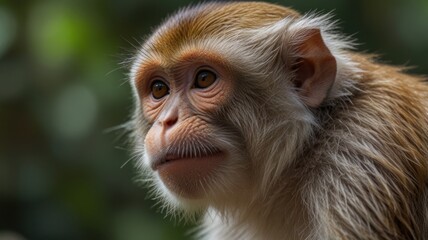 Obraz premium Close-up profile portrait of a monkey, with a thoughtful expression, furred and detailed, in a natural setting.